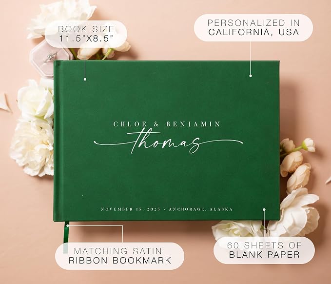 Personalized Guest Book - 11.5" x 8.5" Custom Bride & Groom Names with Bookmark and Hard Cover 140 GSM Blank Pages, for Weddings Guest Book, Engagements, Birthdays, Special Events, Emerald - Image 2
