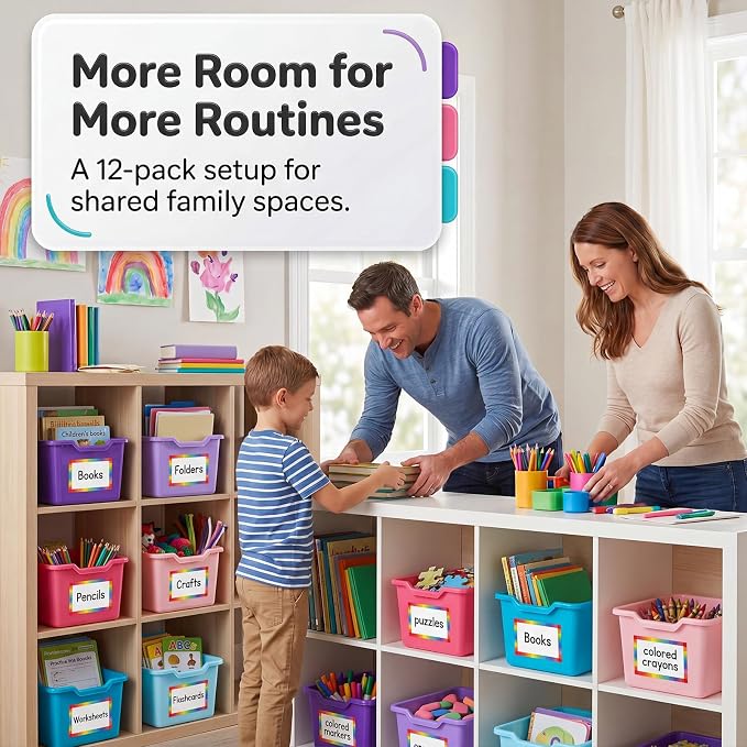 Funrous 12 Pack Book Bins for Classroom Library Plastic Cubby Storage Bins with Labels and Handles Stackable Toy Organizer Containers for Teacher Supplies Home Office Daycare Playroom (Purple Pastel) - Image 7