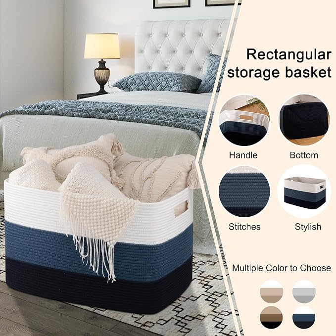 OIAHOMY 118L Extra Large Blanket Basket, Rectangle Woven Cotton Rope Storage Basket,Used for storing Dirty Clothes, Stuffed Animal Toy Storage for Living Room,Kids Room,25" x 17" x 16", Gradient Blue - Image 4