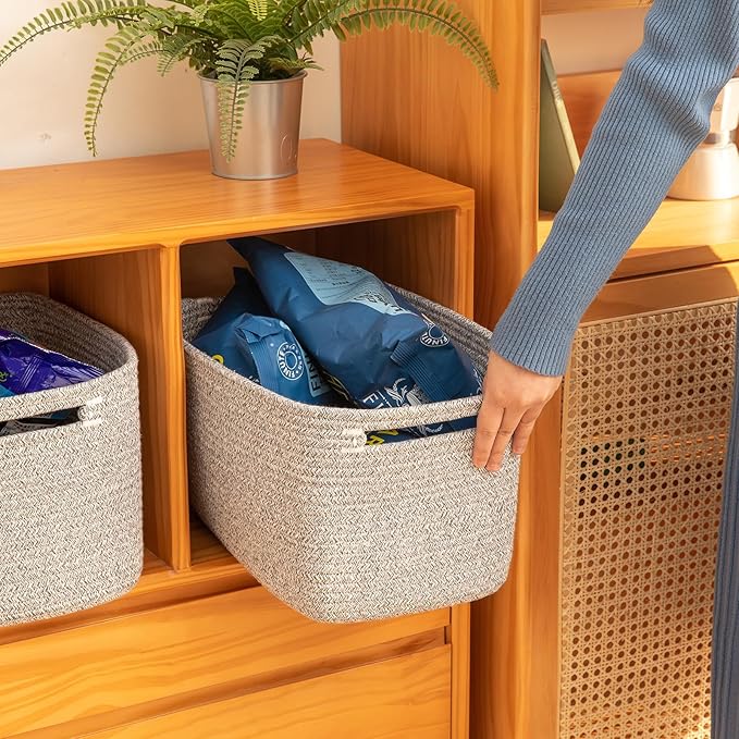 OIAHOMY 4 Pack Storage Baskets for Organizing 15L Cube Storage Bins Grey | Woven Baskets for Storage Rectangle Small Baskets With Handles Baskets for Shelves Wicker Baskets for Shelves 12.7x9x7.8inch - Image 3