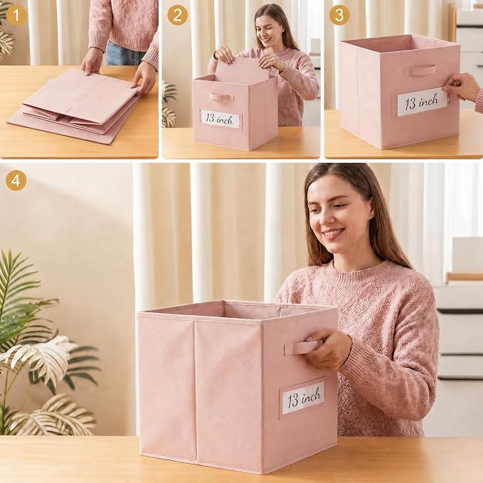 Storage Bins,13 Inch Cube Storage Bin with Labels,6pcs,Pink | Fabric Storage Cubes for Shelves,13 Inch storage cube bins with 6 Labels Window Cards & a Pen. - Image 5