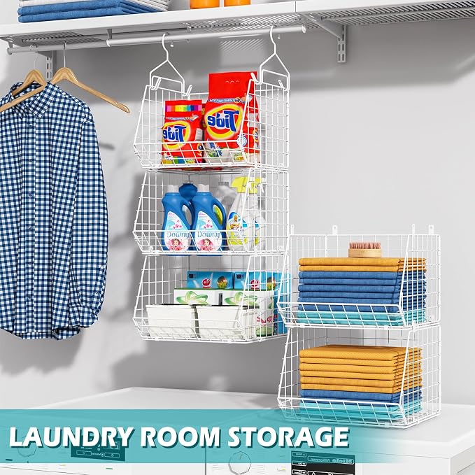 5 Tier Closet Hanging Organizer, Clothes Hanging Shelves with 4 Hanging Hooks 5 S Hooks, Wire Storage Basket Bins, for Clothing Sweaters Shoes Handbags Clutches Accessories Patent Design-White - Image 6