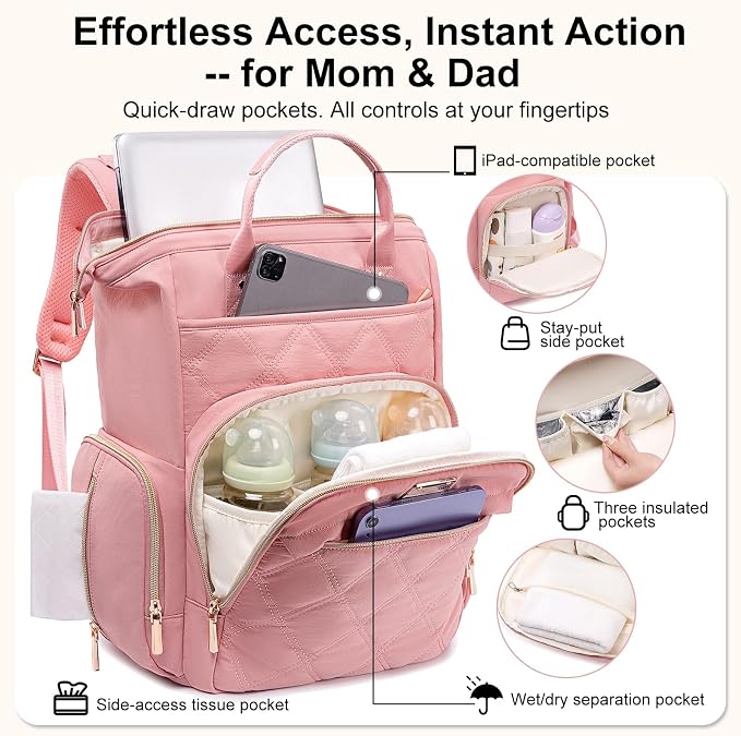 Diaper Bag Backpack Travel Diaper Backpack, Large Baby Diaper Bag with Changing Pad Baby Bag for Boys Girls, Insulated Pockets, Waterproof Baby Backpack for Mom & Maternity (Pink) - Image 2
