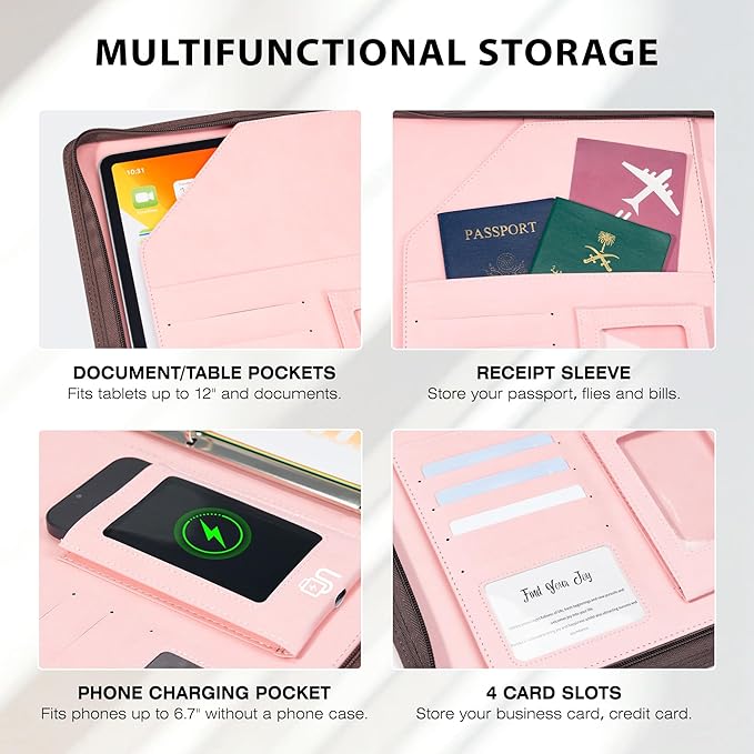 Ospelelf Zippered Padfolio Organizer, Faux Leather 3 Ring Binder with Clipboard, Letter Size Business Portfolio with Notepad, Tablet Sleeve & Phone Pockets for Office Work Pink - Image 4