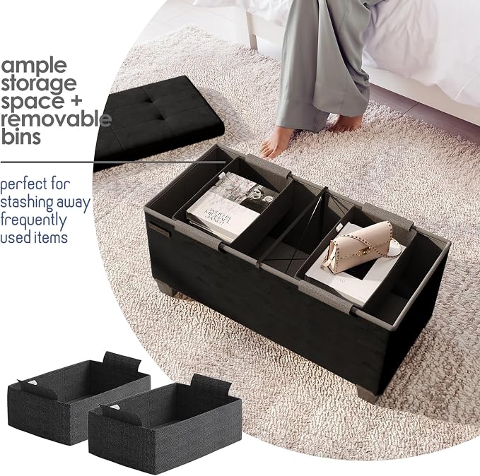 Storage Ottoman Bench with Bins, 30-in Storage Bench for Bedroom End of Bed, Folding Foot Rest Ottoman for Living Room Max 660lbs, Velvet Ottomans, Black - Image 3
