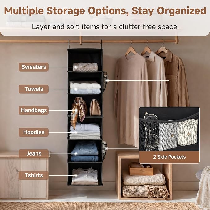 StorageWorks Hanging Closet Organizer 6-Shelf, Separable Two 3 Shelf Closet Storage Organizer with Side Pockets, Portable Hanging Shelves for Clothes, Sweater,12 1⁄2" D x 12 1⁄2" W x 47 ¼"H, Black - Image 7