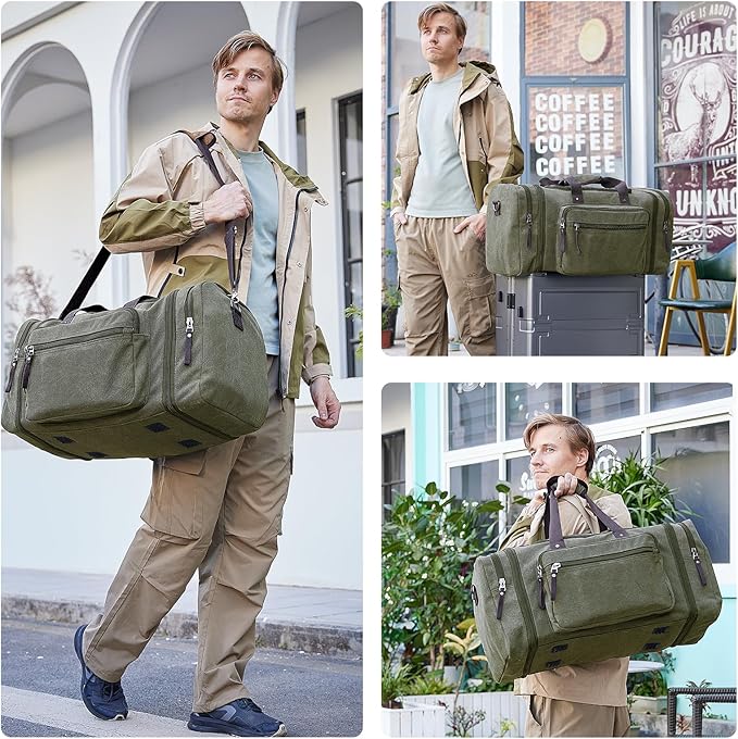 EKOROMIER Large Canvas Duffle Bag for Travel, Expandable 70L Weekender bags | Features Luggage Trolley Sleeve, Multi-Pockets for Traveling, Durable Overnight Carry-On Bag for Men & Women - Olive - Image 2
