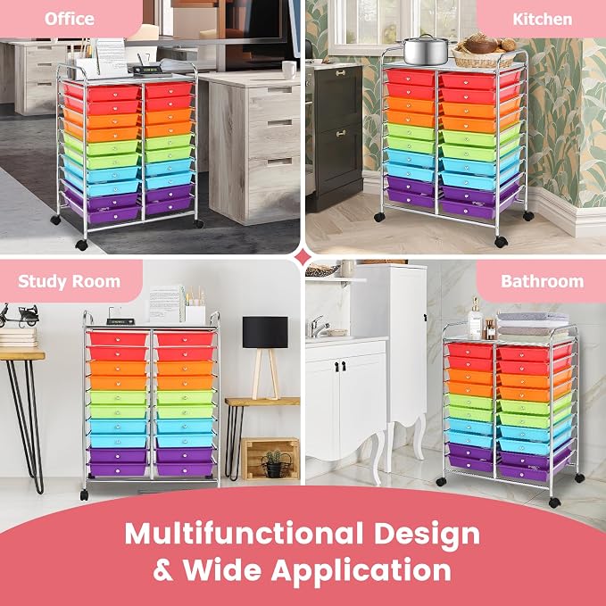 RELAX4LIFE 20 Drawer Rolling Storage Cart, Mobile Rolling Cart w/Drawers for School Classroom Teacher Office Home Salon, Paper File Art Supply Craft Organizer, Utility Cart on Wheels (Multicolor) - Image 7