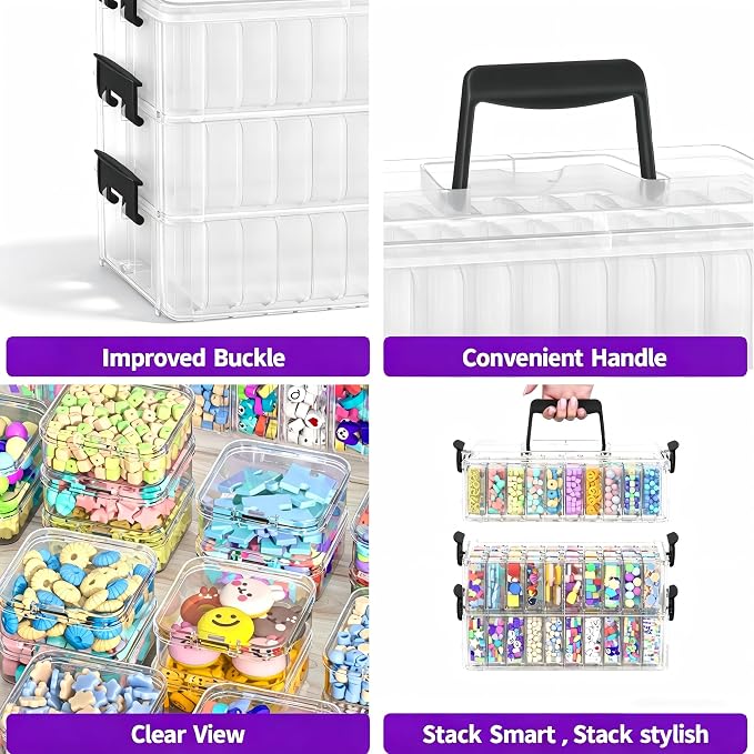 3-Tier Large Capacity Stackable Bead Organizer Box 90 Pcs, Portable Plastic Craft Storage Containers for Jewelry Making, Bracelets, DIY, Nail Art Charms - Image 6