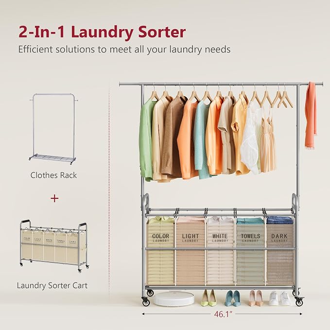 Laundry Cart with Hanging Rack, 65 Gal. Large Laundry Hamper, Beige | Rolling Laundry Cart with Hanging Bar with Removable Bag and Lockable Wheels, Separator Hamper Cart for Bedroom, Bathroom - Image 3