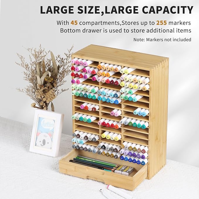 AUTOARK Bamboo Marker Organizer for 225 Markers,AHK-063 | Desktop Storage with Drawers,Art Markers Pens Pencils Brushes,Stationary Organizer - Image 3