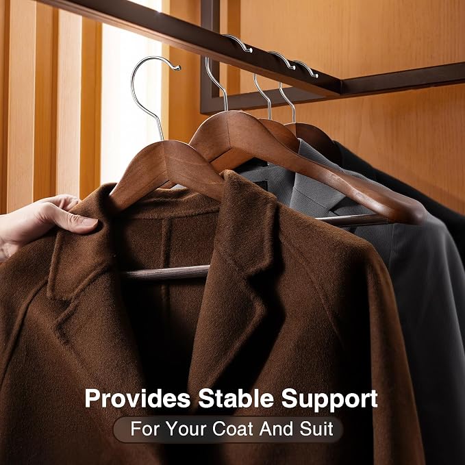 Coat Hangers 10 Pack Suit Hangers for Men for Women,Wide Shoulder Wooden Hangers with Retotating Hooks & Non Slip Pants Bar,Smooth Finish Suit Hanger for Sweater, Pants, Heavy Clothes(Walnut) - Image 6