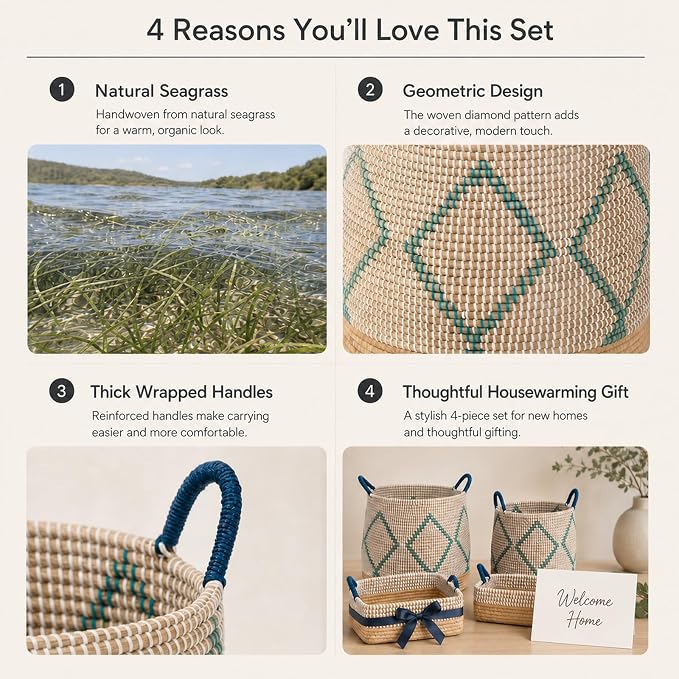 Handwoven Sea Grass Storage Baskets Set of 4-2 Round & 2 Square Woven Bins with Handles by Vietnamese Artisans, Natural Fiber Organizer for Living Room, Bathroom, Nursery, Shelves - Image 7