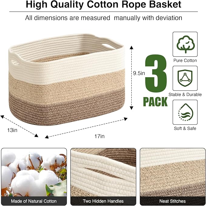 ICERZCZ Large Storage Baskets for Organizing Shelves, Woven Cotton Rope Bins for Baby Nursery Organization, Book Toy Towel Organizer, 17"x13"x9.5", 3 Packs, Gradient Brown - Image 3