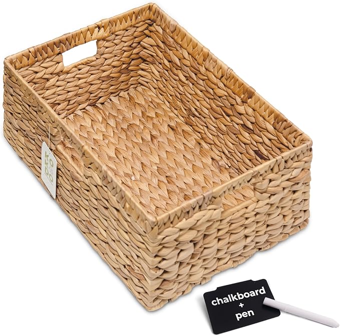 KOKODO 15”L x 11”W Large Rectangular Water Hyacinth Wicker Storage Basket with Handles, Metal Frame and Chalkboard Label, Handwoven Bin for Space-Saving Room Organization by KOKODOHOMEPROJECT