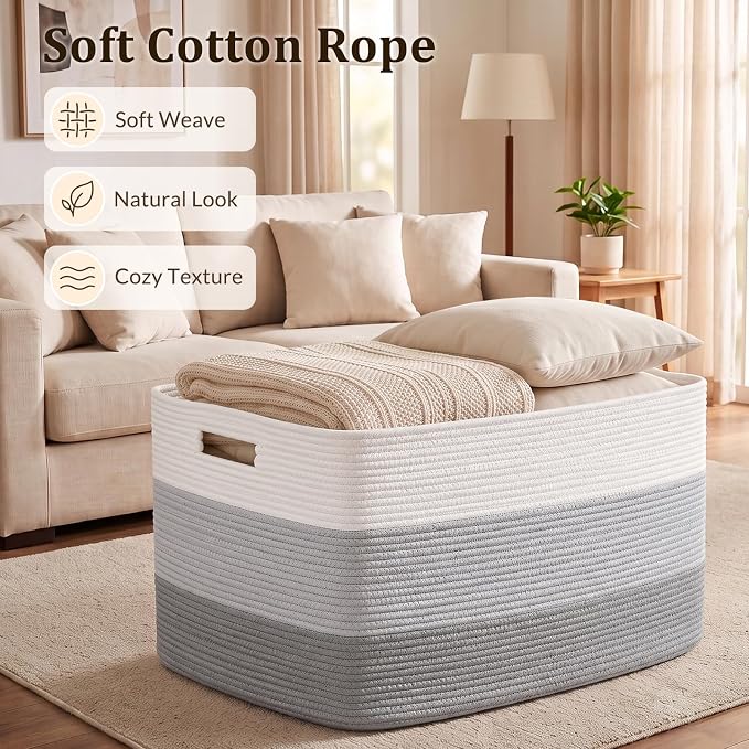 OIAHOMY 108L Super Large Blanket Basket, 25”x16”x16”(108L) Rectangle Woven Baskets for Storage, Cotton Rope Basket For Living Room, Toy Storage with Handle - Gradient Grey | Rectangle Woven Baskets for Storage Cotton Rope Basket For Living Room Toy Sto... - Image 3