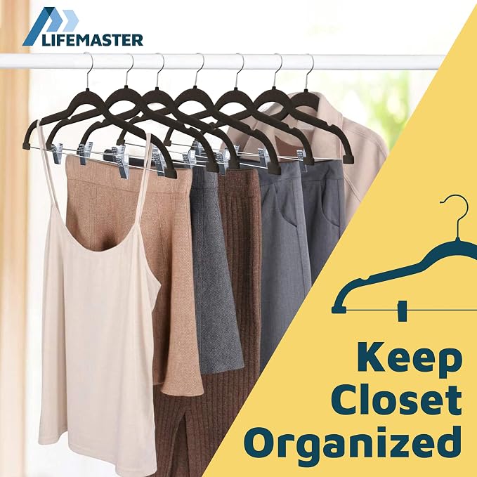 Lifemaster Velvet Skirt Hangers – with Adjustable Clips, 360 Degree Swivel Hook, and Non-Slip Shoulder Notch, Holds Up to 10 lbs, for Organizing Skirt, Pants, Dress, and Clothes, Pack of 30, Brown - Image 9