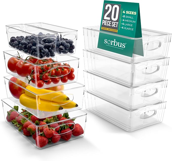 Sorbus Fridge Organizers and Storage, Clear Bins (20 Pack) | Plastic bin with easy access for cabinets, packaged food, produce and household supplies; contents stay visible for sorting by Sorbus