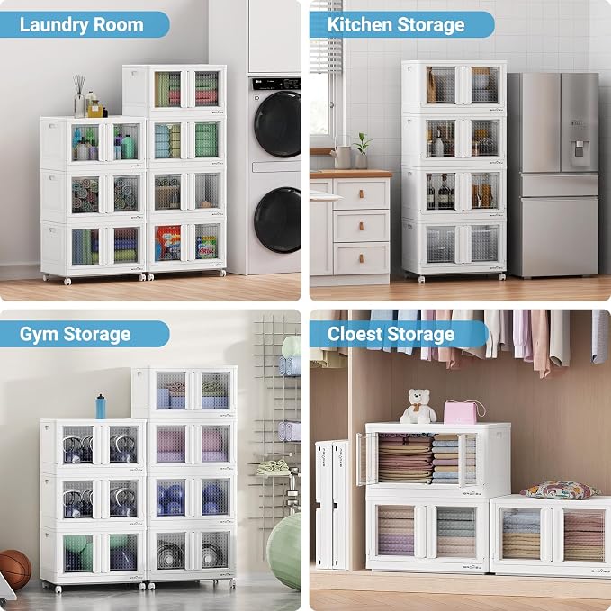 BROVIEW 300Qt Stackable Storage Bins with Lids, 75Gal Closet Organizers and Storage Drawer, Plastic Collapsible Storage Bins with Doors, Heavy Duty Store Box Cabinet for Home Kitchen, 3Pack White - Image 6