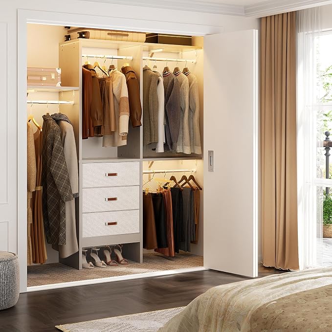 5FT Small Closet System with 3 Fabric Drawers, 60 Inches Walk In Closet Organizer System With 3 Adjustable Shelves, Heavy Duty Clothes Rack Built-In Garment Rack, 59" L x 16" W x 71" H, Grey - Image 2