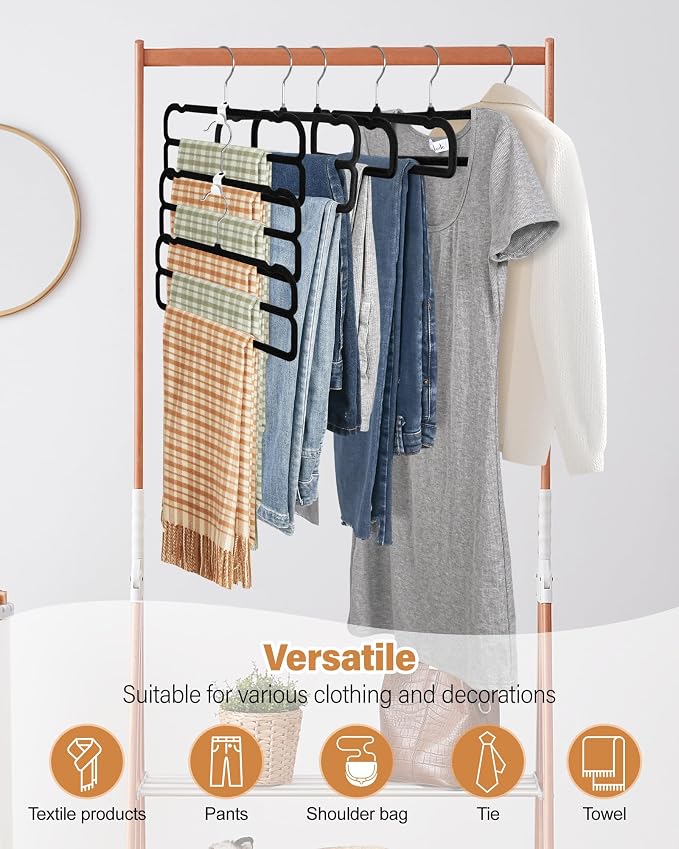 10 Pack Velvet Pants Hangers Space Saving, Non Slip 2-Layer Hanger (Black) | Heavy Duty Flocked Trouser Hangers,pants organizer for closet with Swivel Hook, Felt Jean Hangers for Women and Men - Image 5
