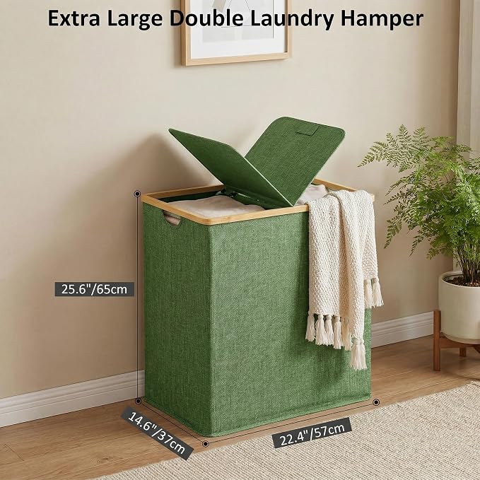efluky Laundry Hamper with Lid, Double Laundry Basket with 2 Removable Bags, 2 Section Laundry Bin with Bamboo Handles for Bathroom, Bedroom & Laundry Room, 140L (36.9 Gallon) Sage Green - Image 3