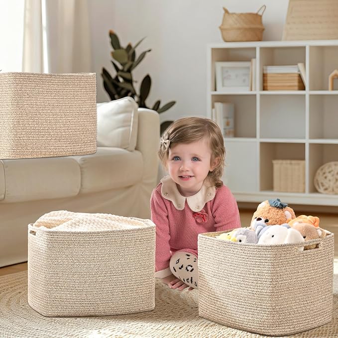 3 Pack Cube Storage Bin, 17”x12”x12” Cotton Rope Woven Baskets for Organizing Toys Clothes Towels, Square Gift Storage Baskets for Shelves, Nursery, Closet, Bathroom, Pantry (Jute) - Image 2