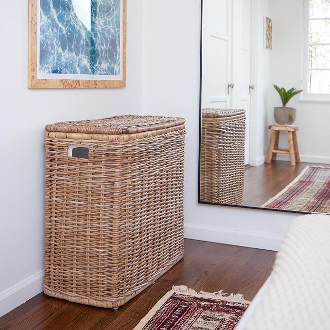 The Basket Lady 3-Compartment Wicker Laundry Hamper, Serene Grey | 30" L x 15" W x 28" H, 1.66 cu-ft per section - 3 Fabric Liners, Handcrafted, Fully-assembled, Hinged Lid, Natural rattan - Image 6