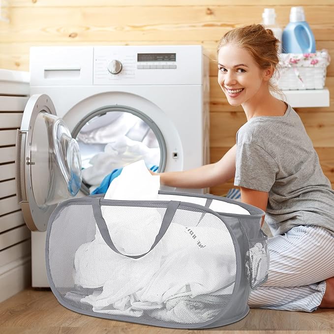 4 Pcs Durable Collapsible Laundry Baskets, Foldable Laundry Basket Large Opening, Pop Up Laundry Hamper with Pocket, Clothes Hamper with Handles for Laundry, Bathroom, Kids Room, Dorm or Trave - Image 2