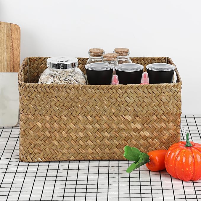 Hipiwe Seagrass Storage Basket Bin Rectangular Handwoven Wicker Storage Box with Handle Opened Baskets Box for Shelf Organizing Closet Bathroom, Caramel, Medium - Image 4