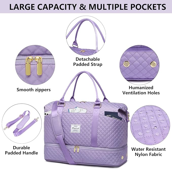 Women Weekender Travel Duffle Bag: Travel Duffel Overnight Bags with Shoe Compartment Large Carry on Tote Bag Toiletry Bag Weekend Yoga Gym Hospital Bags for Labor and Delivery with Wet Pocket Purple - Image 6