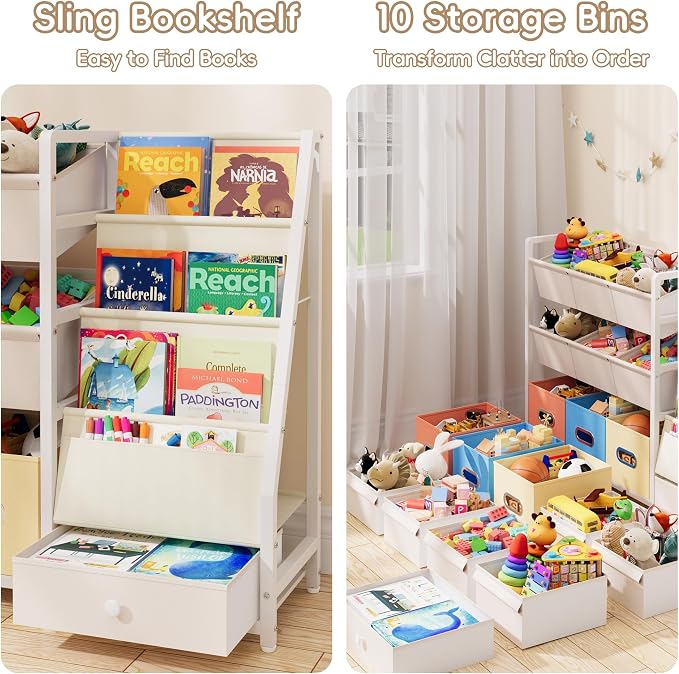 Toy Storage Organizer - Kids Bookshelf with 3 Shelf and 10 Storage Bins | Montessori Playroom Storage for Toddler, Baby, book shelf for kids rooms - Image 4