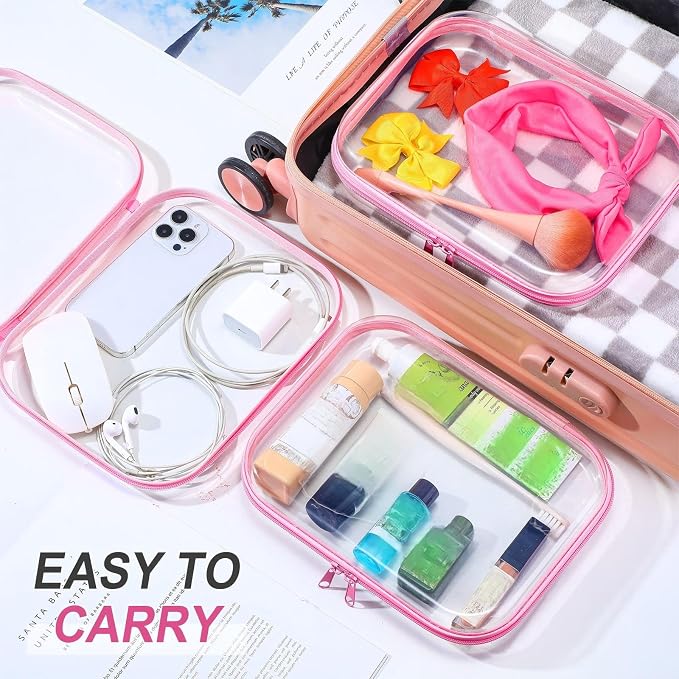 Sanwuta 6 Clear Hard Zipper Case,Pink,9.84 X 7.87 X 2 Inch | Pencil Case Pouches ,Makeup Bag,Plastic Toiletry Diaper Bag ,Travel Toy Storage,Waterproof Organizer Bins - Image 6