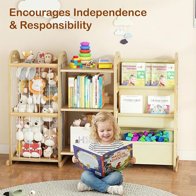 Kids Bookshelf and Toy Storage Organizer, 3-Tier Book Shelf with Stuffed Animal Storage, Kids Toy Book Storage for Bedroom Playroom, Wooden Toy Organizer with 3 Shelves, 49.4" W - Image 3