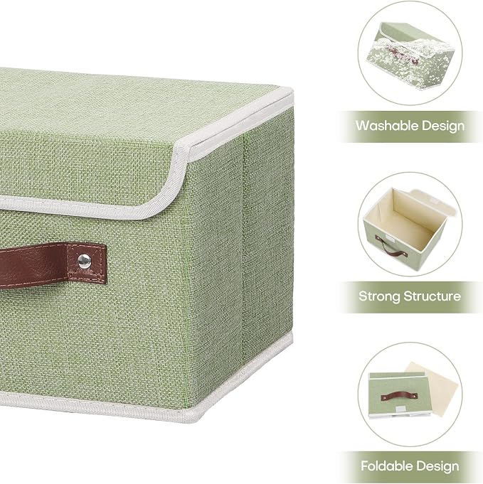 ANMINY Fabric Storage Box Bins with Lids, Green, 10"x8"x7", 2 Pack | Keepsake Memory Storage, Cotton Linen, PP Board Reinforced, Washable, PU Handles, Foldable & Stackable, Decorative, Small - Image 4