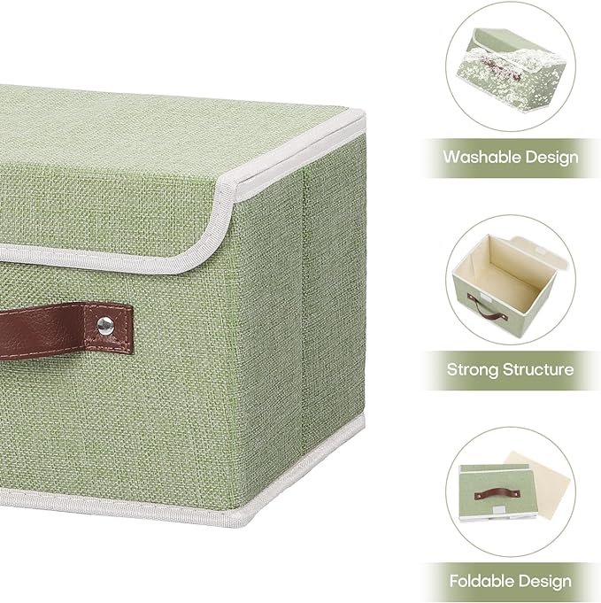 ANMINY Fabric Storage Box Bins with Lids, Green, 10"x8"x7" | Keepsake Memory Storage, Cotton Linen, PP Board Reinforced, Washable, PU Handles, Foldable & Stackable, Decorative, Small - Image 4