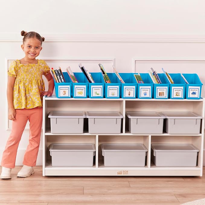 ECR4Kids Linking Plastic Storage Book Bin, Multipurpose Organization, Neon Blue, 10-Piece | Durable plastic with built-in handles, interlocking, nestable, ideal for books, magazines, and files in a classroom or office - Image 8