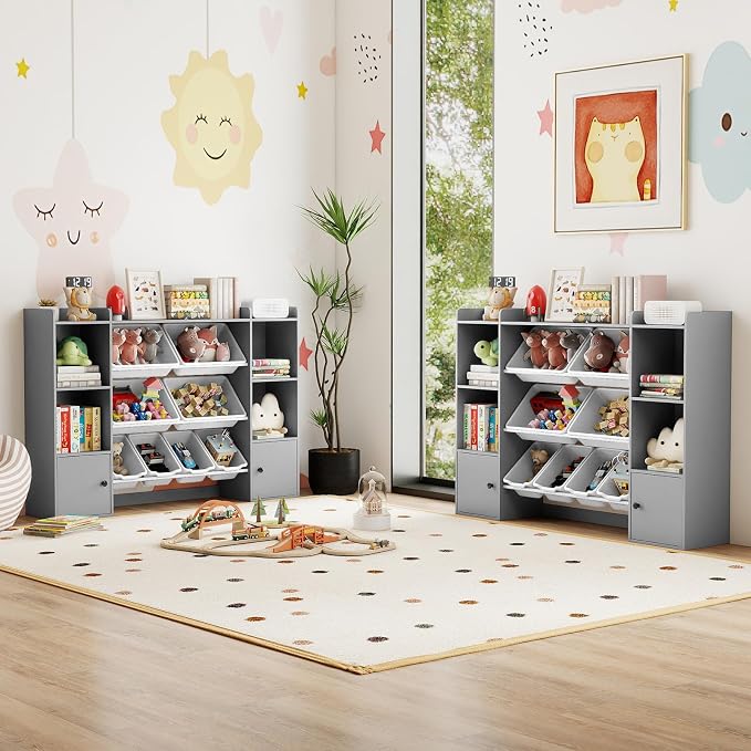 Costzon 56.5'' Kids Toy Storage Organizer w/ 8 Removable Bins, 4-Tier Toddler Bookshelf Cubbies, Preschool Children's Montessori Bookshelf w/6 Large Cabinet for Playroom, Daycare, Kids Room, Classroom - Image 9
