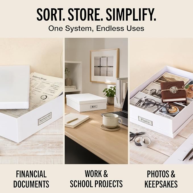 Bigso Oskar Fiberboard Label Frame Document Letter Box - File Organizer Box for Important Paperwork - Durable Document Storage with a Lid & Metal Label Window - 3.3 in x 10.2 in x 13.8 in - White - Image 7