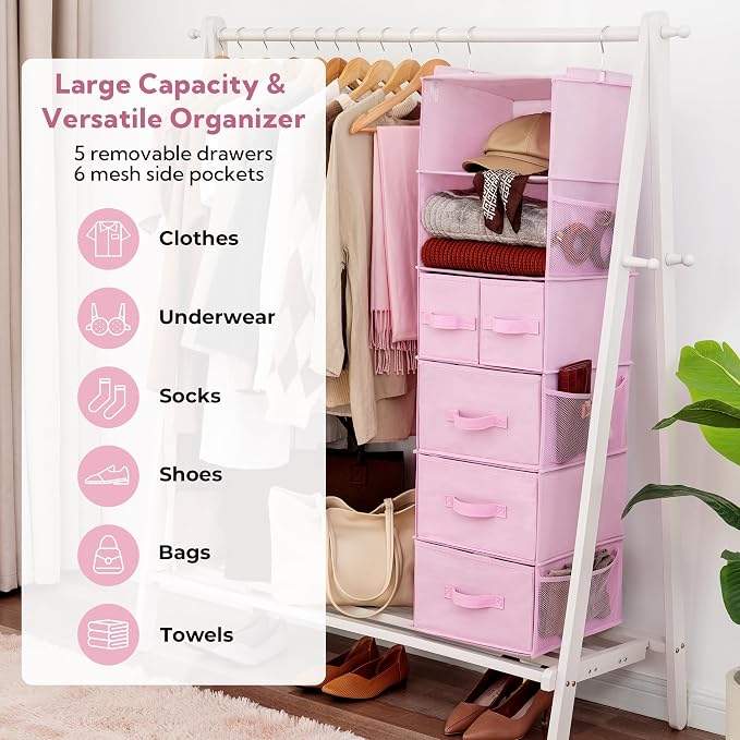 GRANNY SAYS Hanging Closet Organizer, 5 Drawers, 6 Shelves, 6 Pockets, Pink | Hanging Closet Organizer with 5 Different Drawer Designs, 6 Shelves & Reinforced Structure for Organized Small Spaces - Image 4