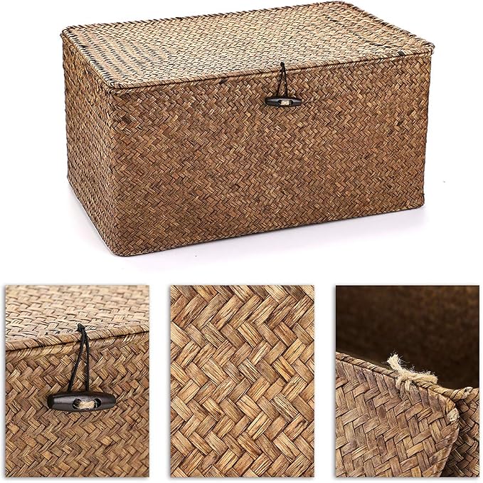 Hipiwe Set of 3 Seagrass Storage Baskets with Lid - Large Woven Wicker Bins | Rectangular Storage Basket Box Home Decor Household Organizer Boxes Shelf Wardrobe Organizer, Coffee - Image 3