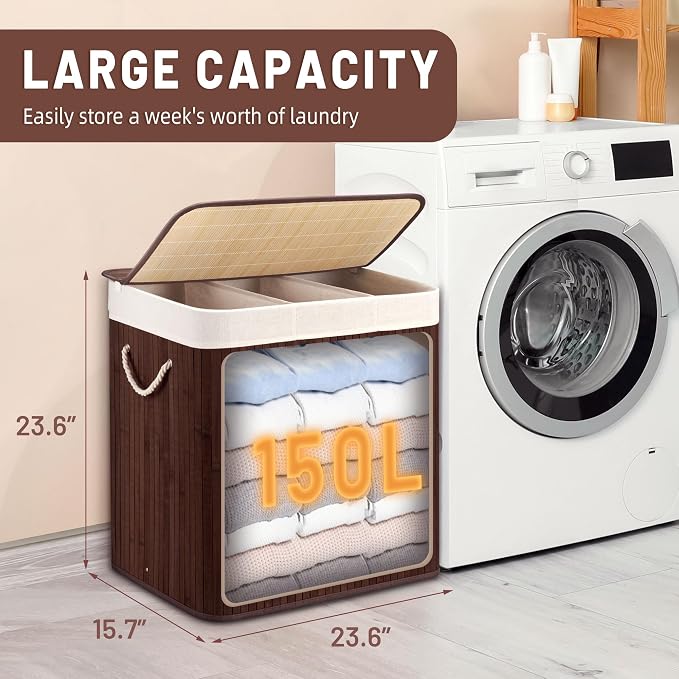 Aliphon 150L Laundry Hamper with lid, 3-Section Clothes Laundry Basket with Handles, Large Collapsible Bamboo Baskets for Bedroom, Bathroom, Dorm, Brown - Image 2