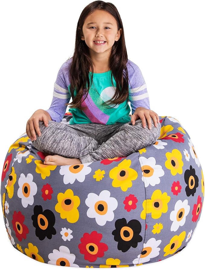 Posh Stuffable Kids Stuffed Animal Storage Bean Bag Chair Cover - Childrens Toy Organizer, Large 38" - Canvas Multicolored Flowers on Gray by PoshCreations
