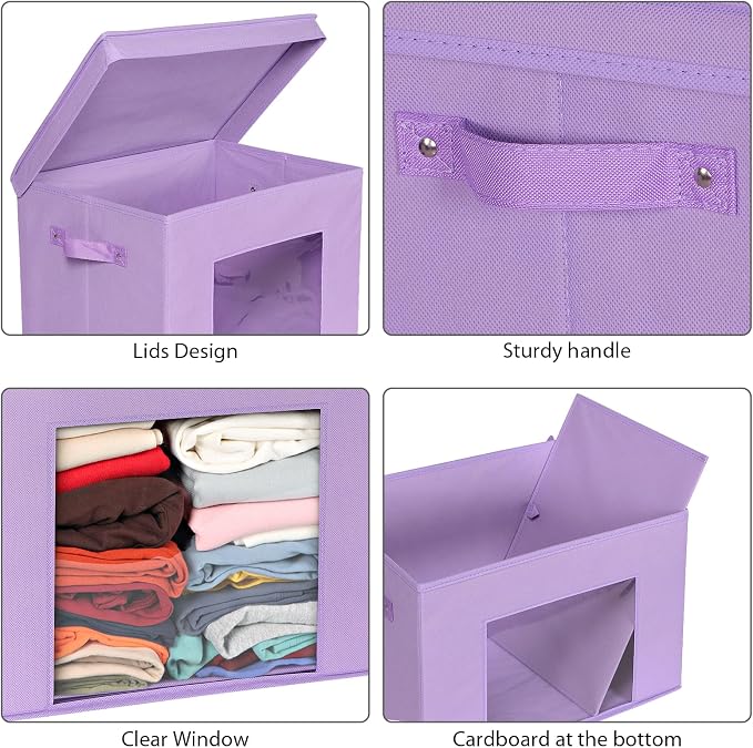 Univivi Fabric Storage Bins with Lids for Closet, 4 Pack, Purple | Fabric Foldable Storage Boxes, Sturdy Collapsible Storage Bins with Clear Window, Storage Cubes for Home, Closet, Shelves - Image 4