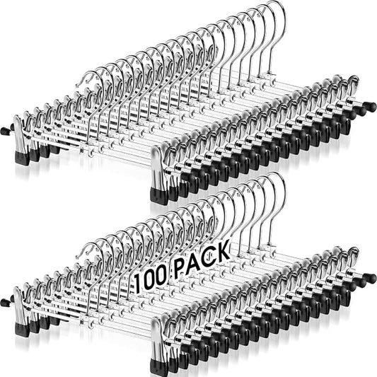 Weysat 100 Pack Pant Hangers with Clips Metal Skirt Pants Hangers Bulk | Adjustable Hangers for Space Saving, Heavy Duty for Clothes, Jeans, Closet Organizer, Silver and Black by Weysat