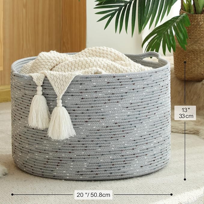 KAKAMAY Large Blanket Basket (20"x13"),Woven Baskets for storage Baby Laundry Hamper, Cotton Rope Blanket Basket for Living Room, Laundry, Nursery, Pillows, Grey with Blue & Brown Dotted | Extra Large Capacity | Natural Cotton Rope | Blanket Storage | ... - Image 6