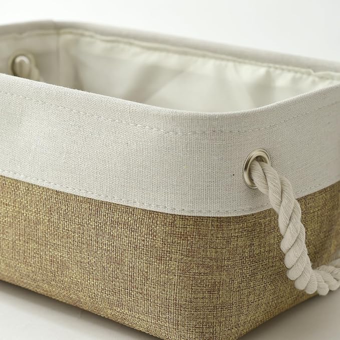 Storage Basket for Organizing - 1 Pack 12x8x5.2 inch Baskets for Gifts Empty with Handles, Fabric Storage Cubes for Organizer Closet Dog Gift Cloth Toy (Whiet & Khaki) - Image 7