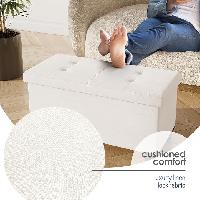 Storage Ottoman Bench with Bins, 30-in Storage Bench for Bedroom End of Bed, Folding Foot Rest Ottoman for Living Room Max 660lbs, Fabric Ottomans, Beige - Image 7