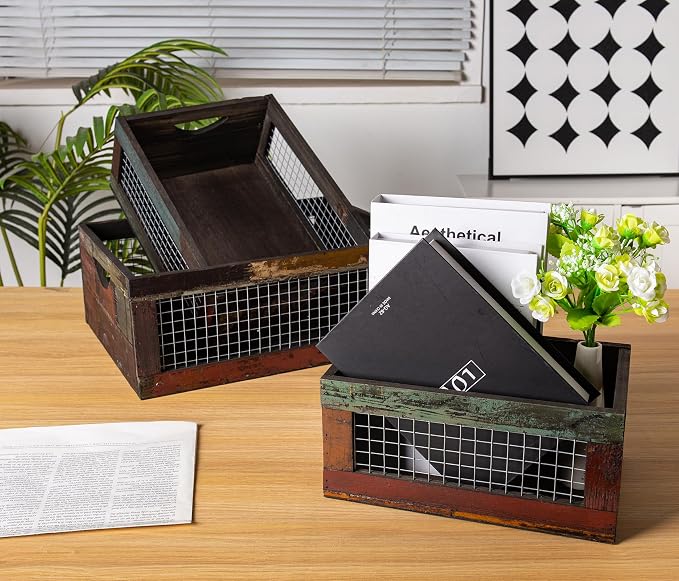 TIMRIS Set of 3 Rustic Wood Nesting Crates, Farmhouse Distressed Wooden Storage Boxes, Decorative Reclaimed Wood Organizer Baskets with Wire Mesh (Random) - Image 8