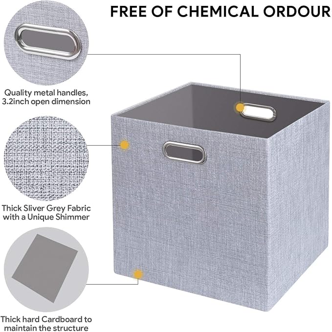 Posprica 11 Inch Cube Storage Bins for Organization, Fabric Storage Cubes Closet Storage Bins for Cube Organizer, Thick and Heavy Duty Storage Baskets for Shelves, 4pcs, Sliver Grey - Image 3